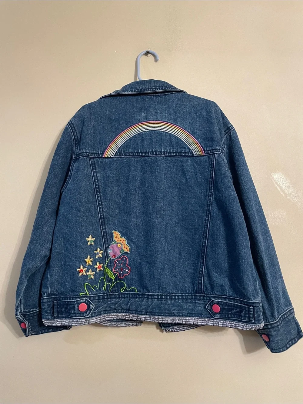 Girls Denim Jacket I Love Jesus Embroidered Rainbow Flowers Size 10/12 Medium